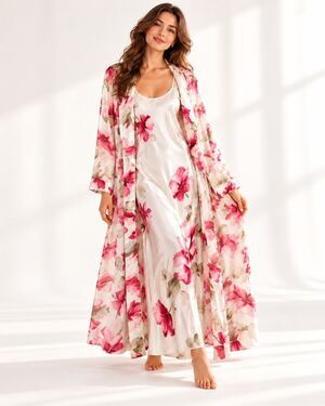 Vintage California Dynasty Floral Satin Nightgown Robe 2 Piece Set Medium Small